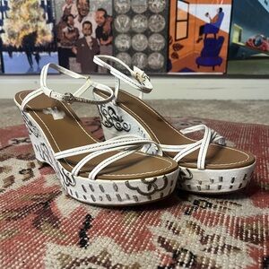 FIONI Clothing White Embroidered Canvas Platform Wedge Sandals